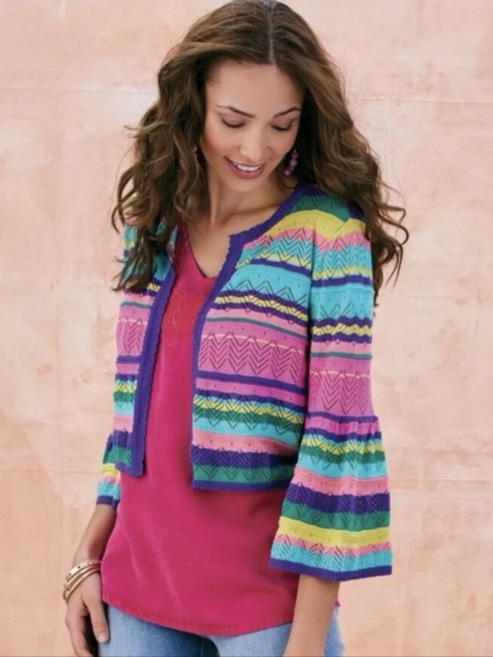 Soft Surroundings Knit Bolero Topper, L Multi Colored, Cotton Silk, Bell Sleeves